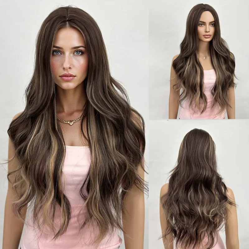 Gradient long hair, split and long curly wig