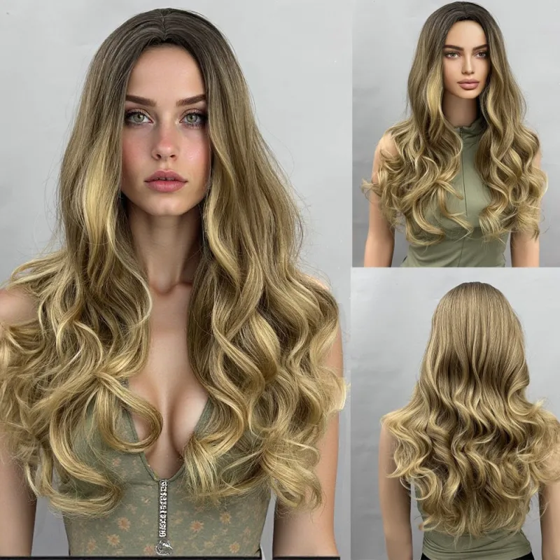 Gradient long hair, split and long curly wig