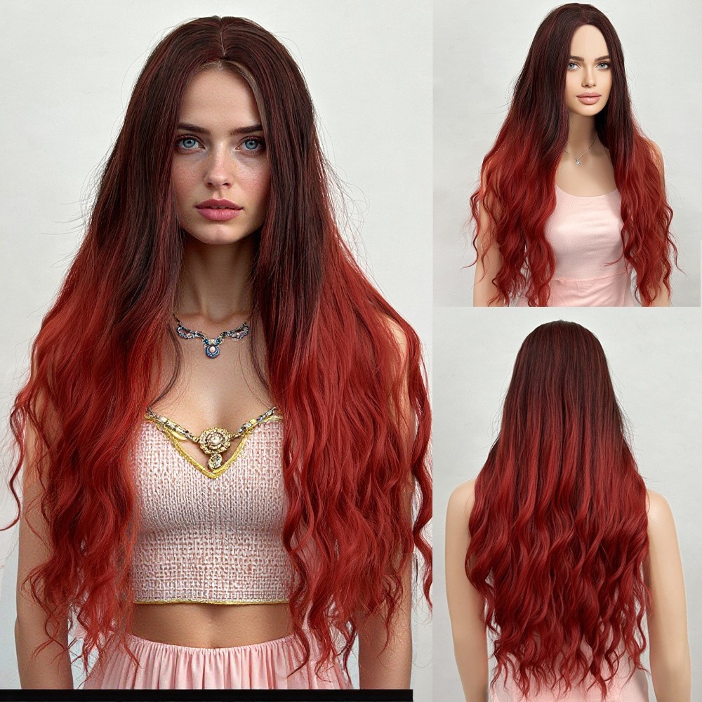 Gradient long hair, split and long curly wig