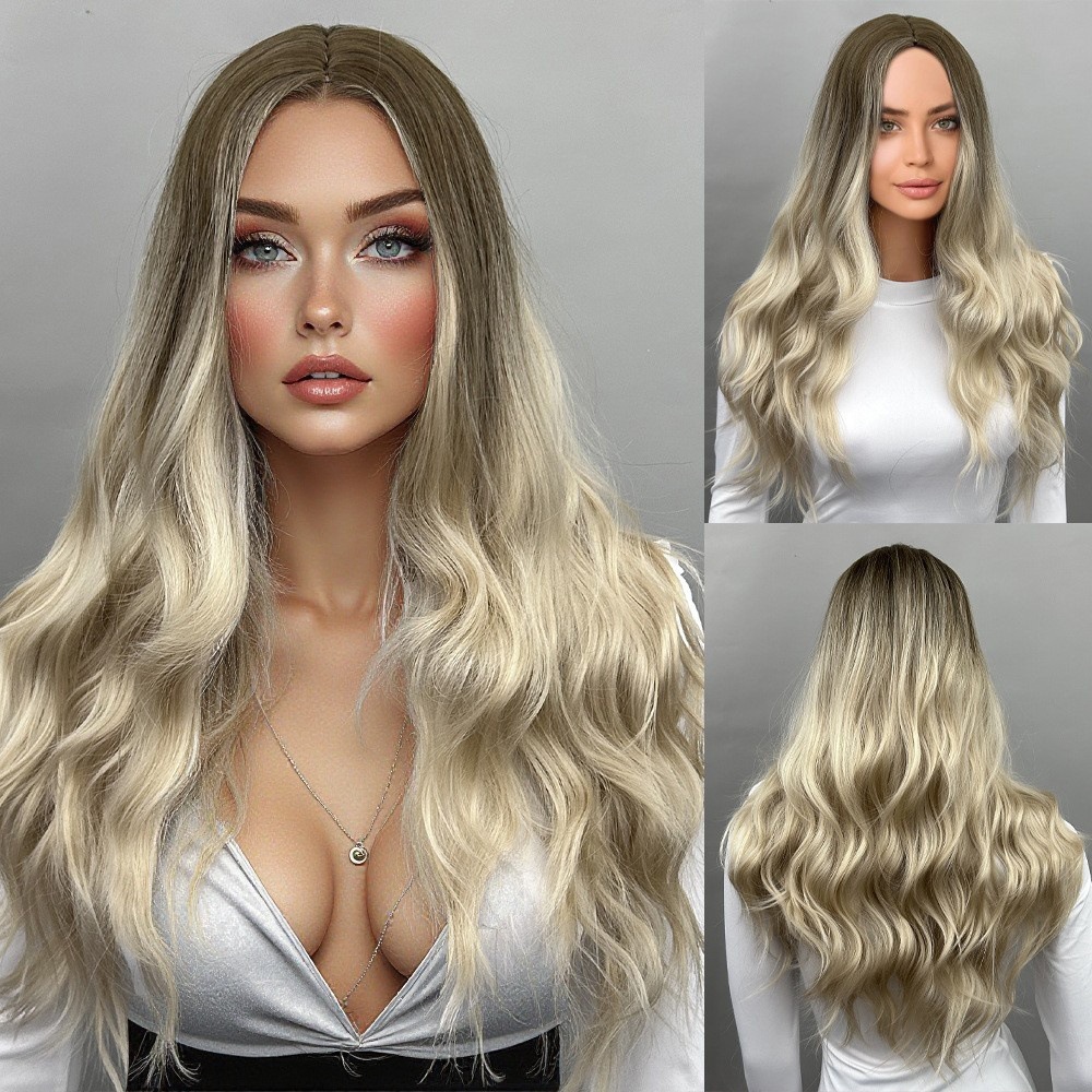 Gradient long hair, split and long curly wig