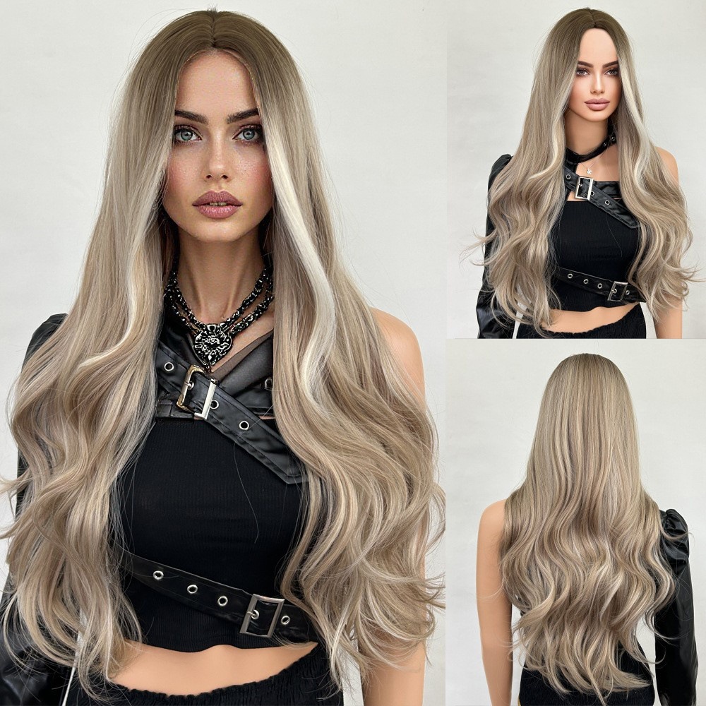 Gradient long hair, split and long curly wig