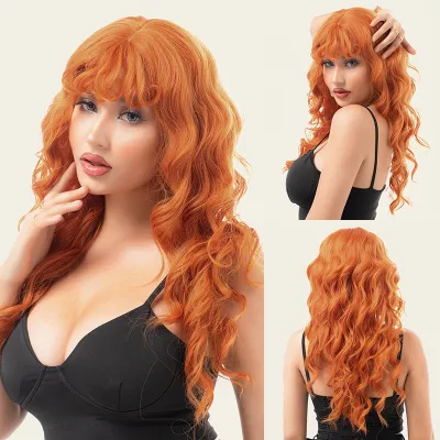 Mid cut bangs, long curly hair wig, daily vacation 01