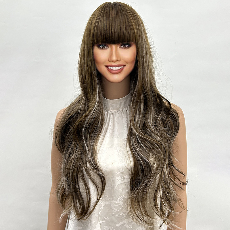 Mid cut bangs, long curly hair wig, daily vacation