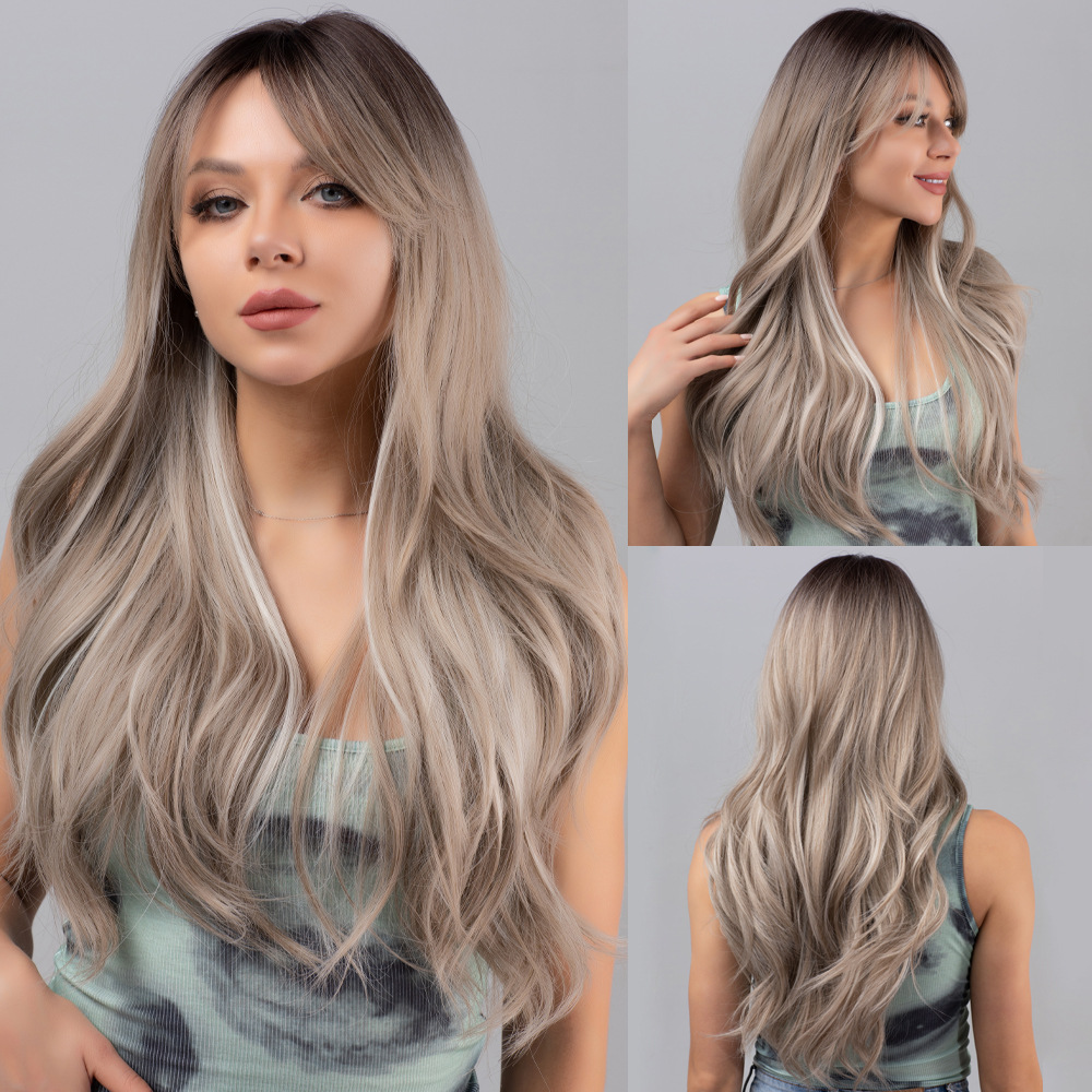 Black gradient gray long curly hair wig with bangs