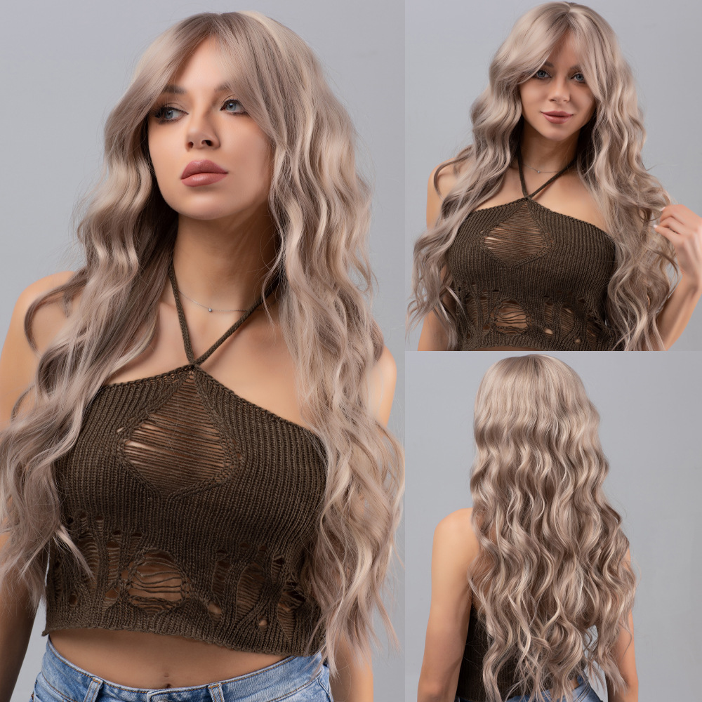 Black gradient gray long curly hair wig with bangs