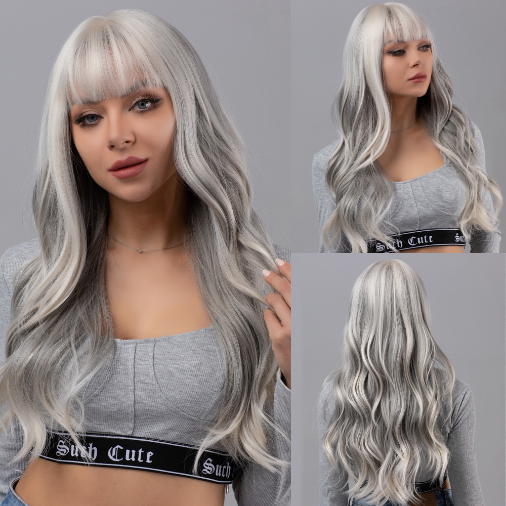 Black gradient gray long curly hair wig with bangs