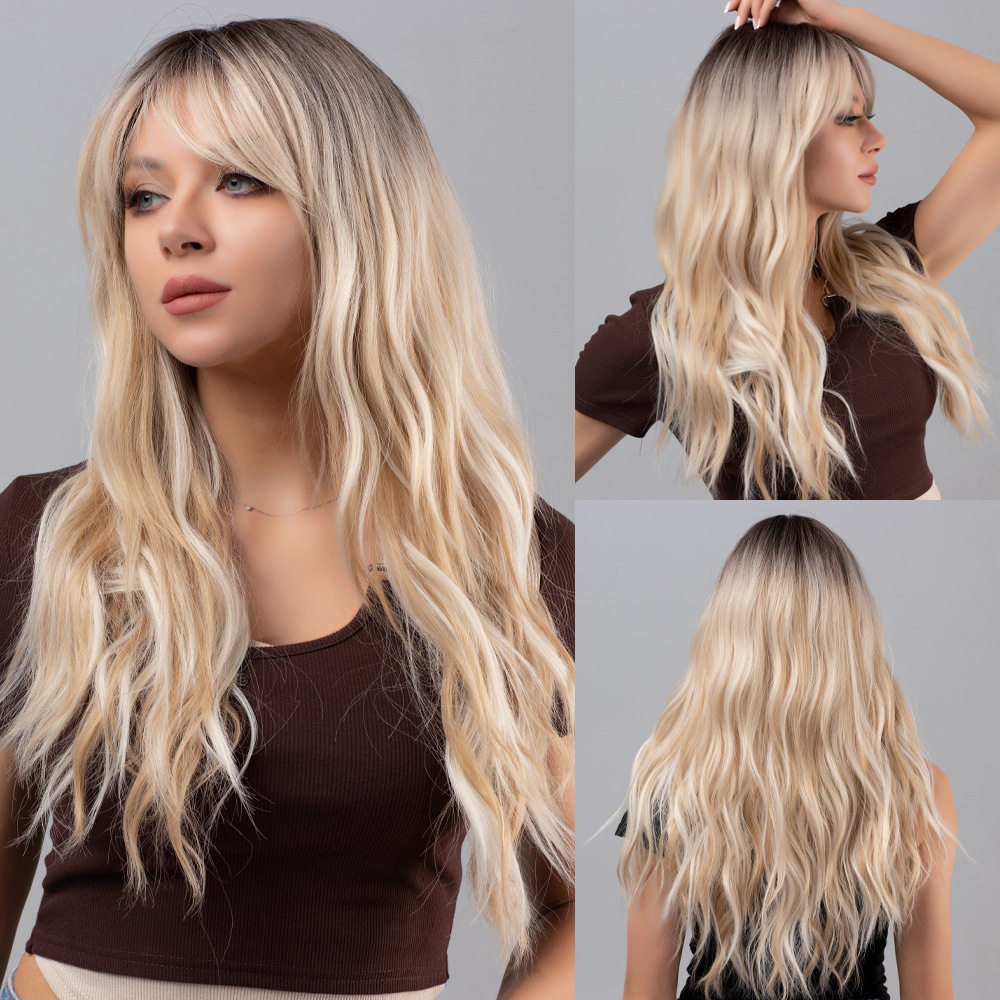 Black gradient gray long curly hair wig with bangs