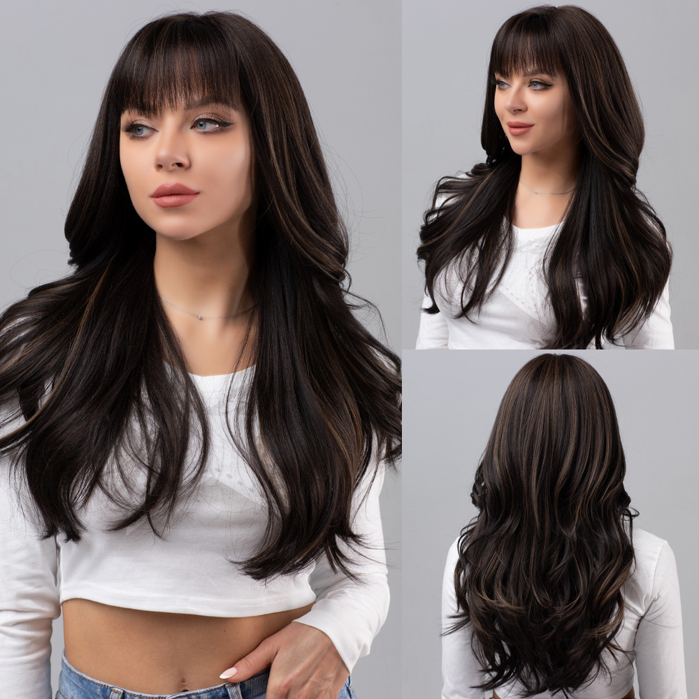 Black gradient gray long curly hair wig with bangs