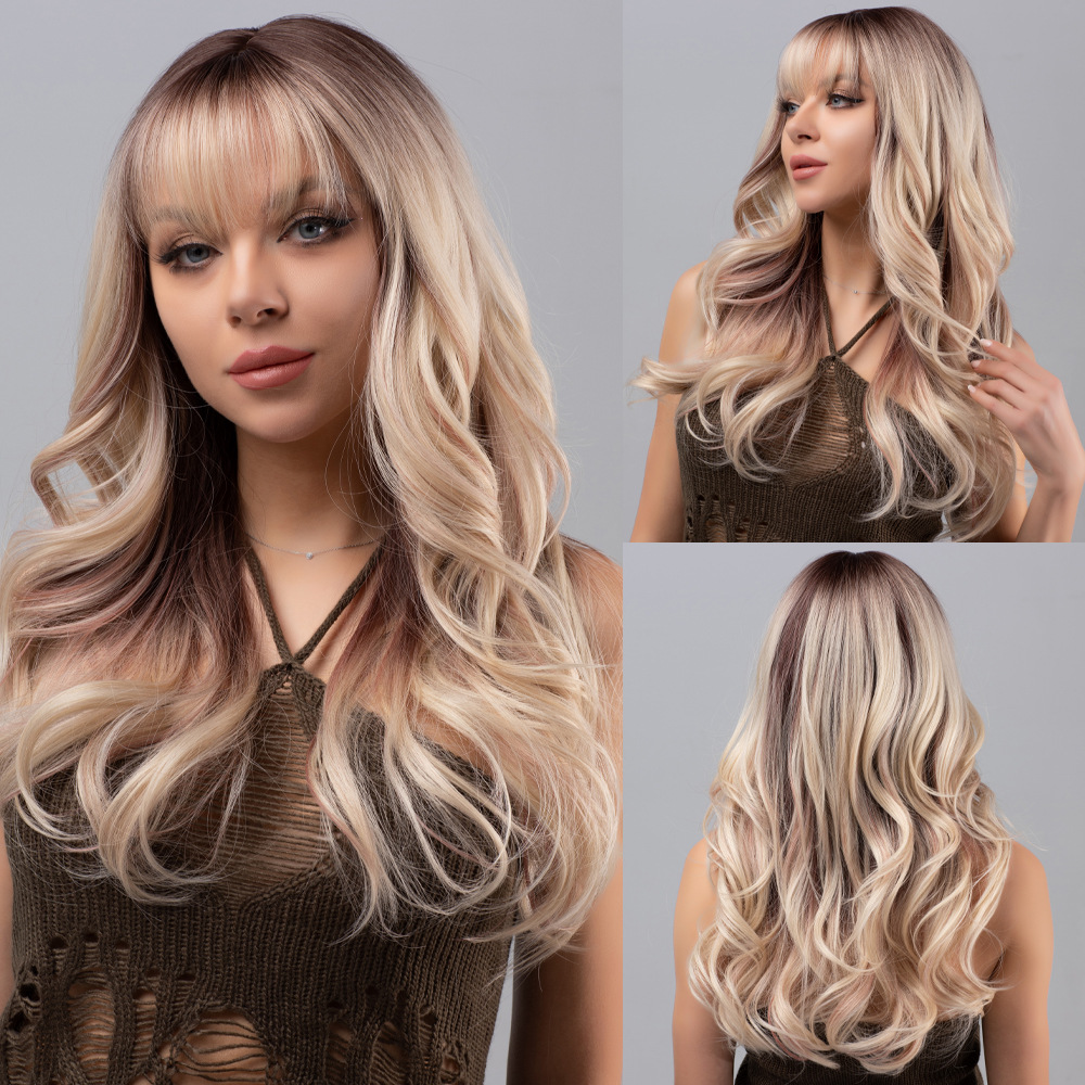 Black gradient gray long curly hair wig with bangs
