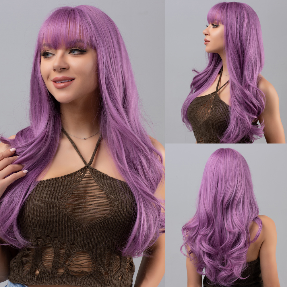 Black gradient gray long curly hair wig with bangs