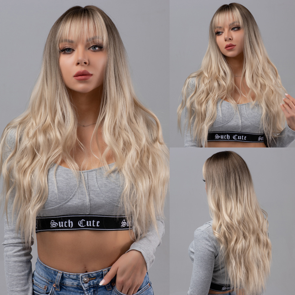 Black gradient gray long curly hair wig with bangs