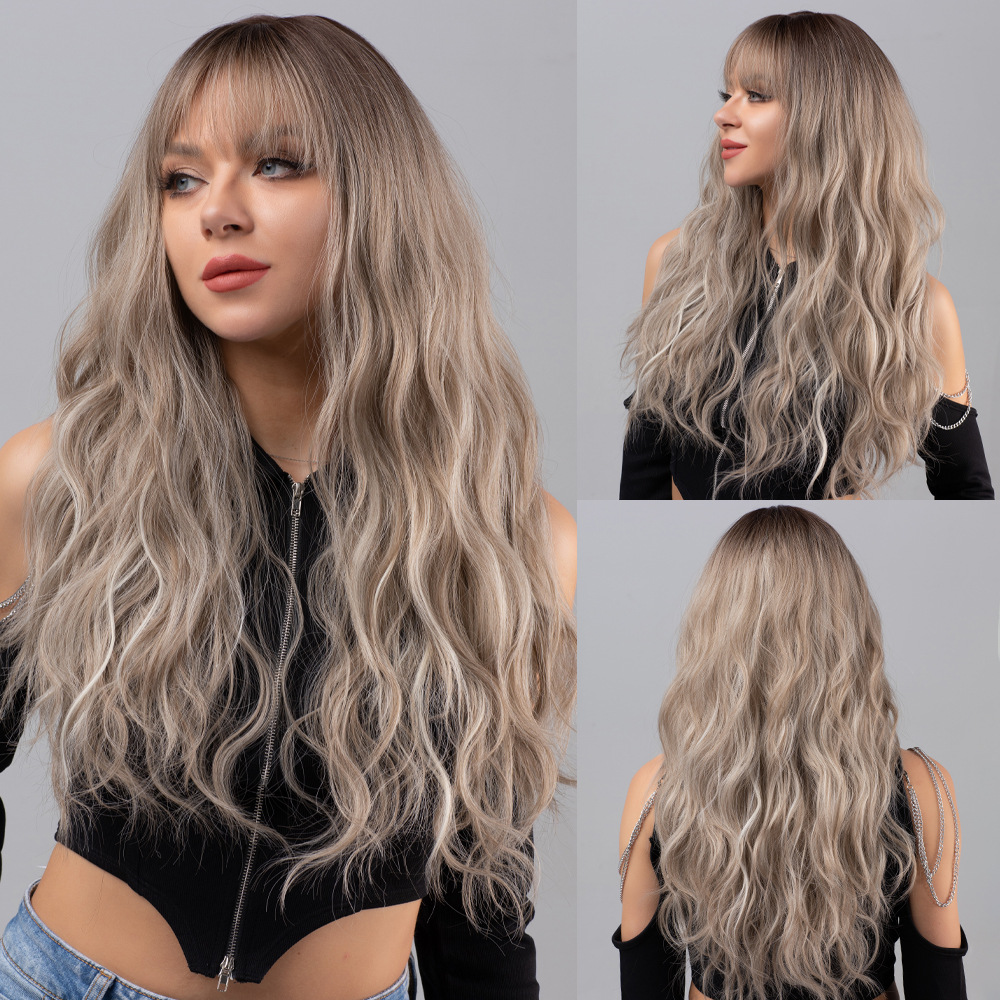 Black gradient gray long curly hair wig with bangs