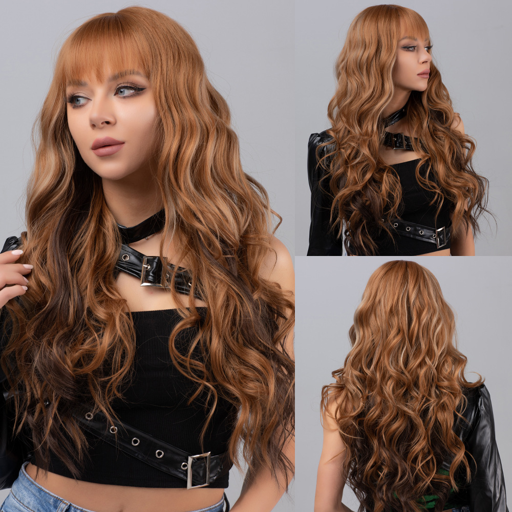 Black gradient gray long curly hair wig with bangs