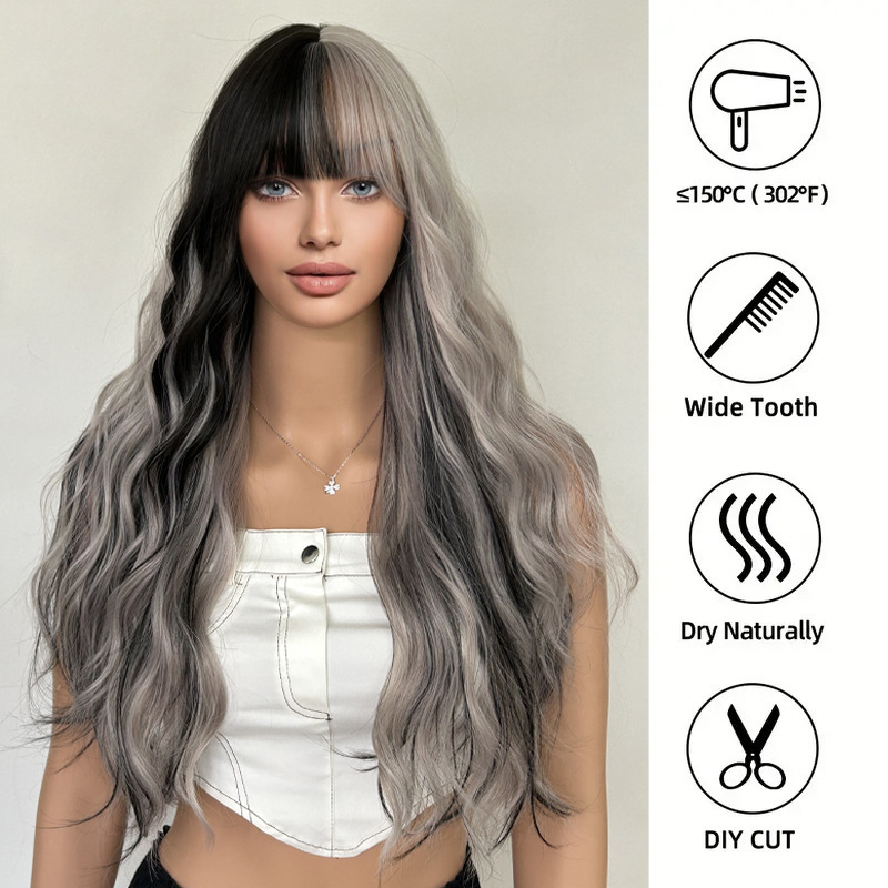 Gradient ribbon bangs, long hair, long curly hair