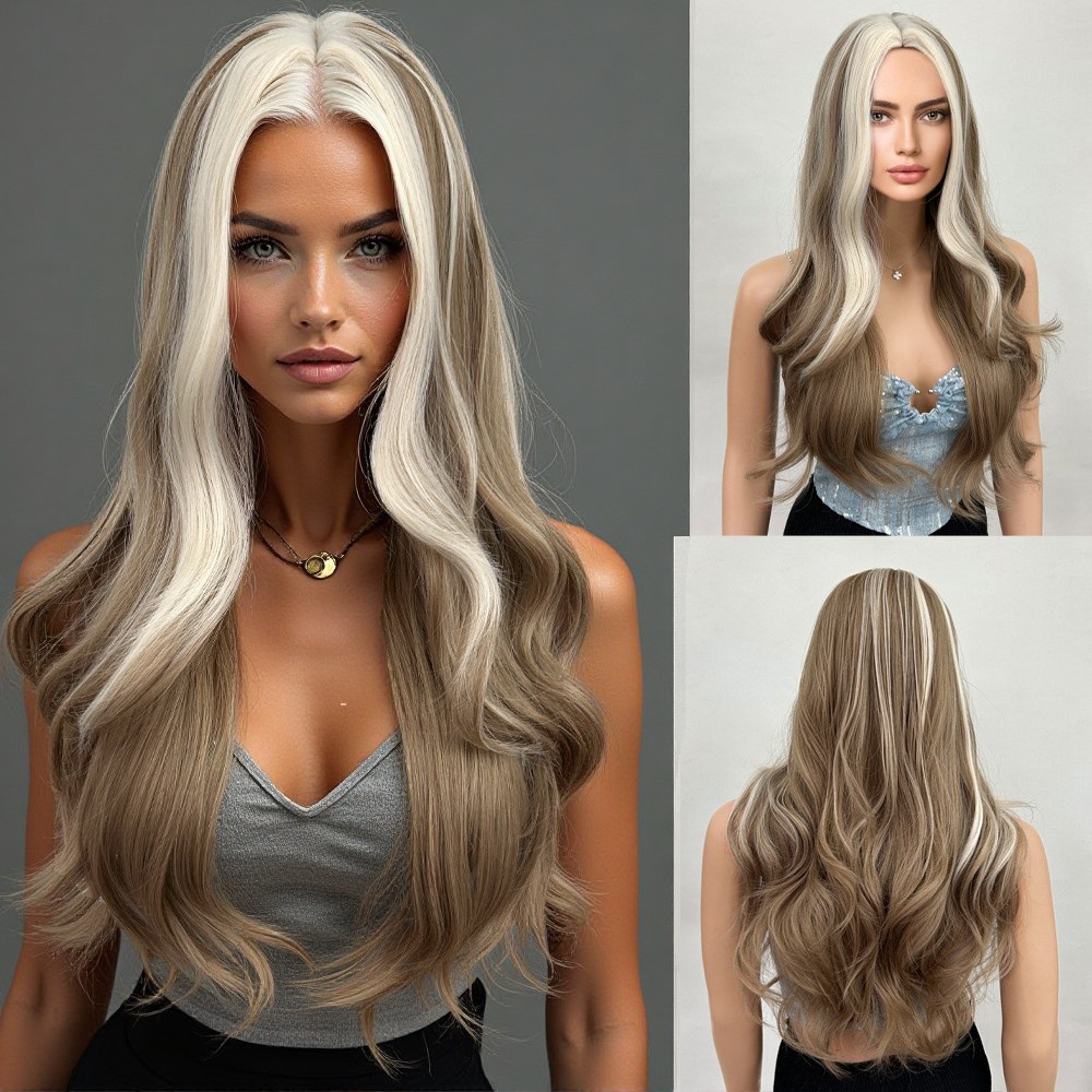 Gradient ribbon bangs, long hair, long curly hair