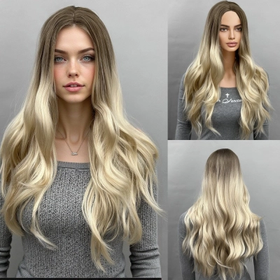 Gradual mid split, medium long hair, long waves 01