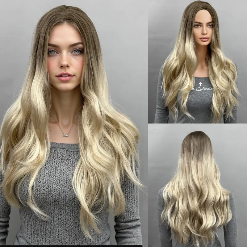 Gradual mid split, medium long hair, long waves