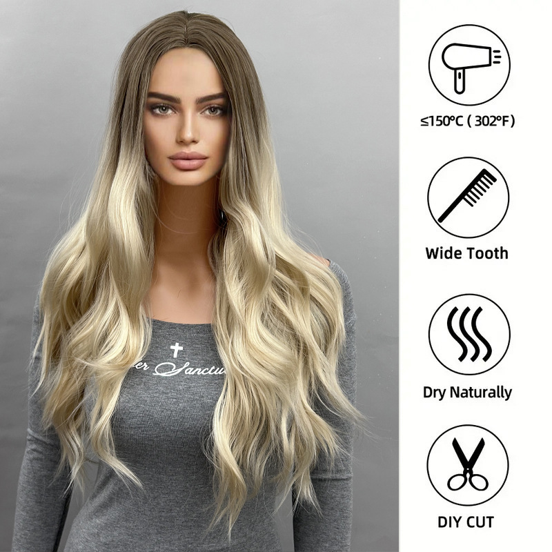 Gradual mid split, medium long hair, long waves
