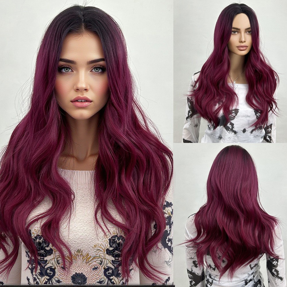 Gradual mid split, medium long hair, long waves