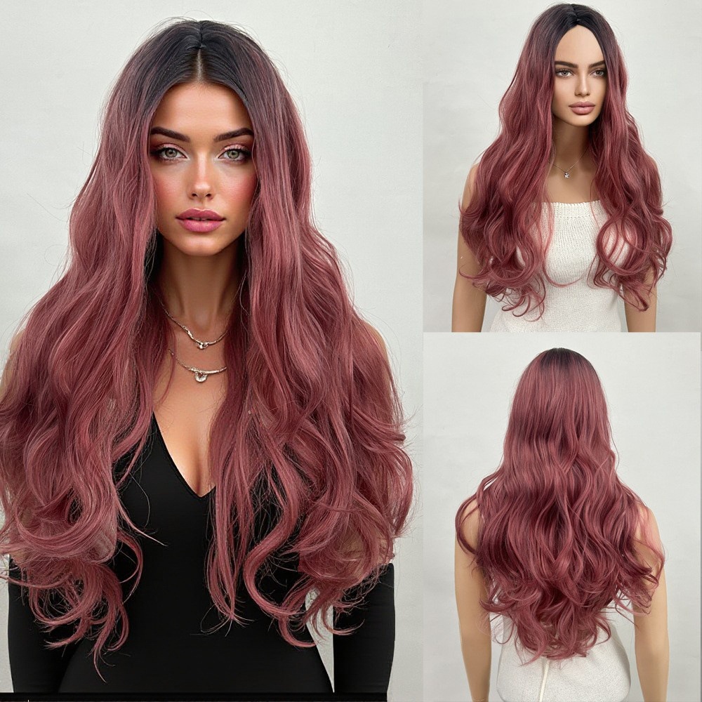 Gradual mid split, medium long hair, long waves