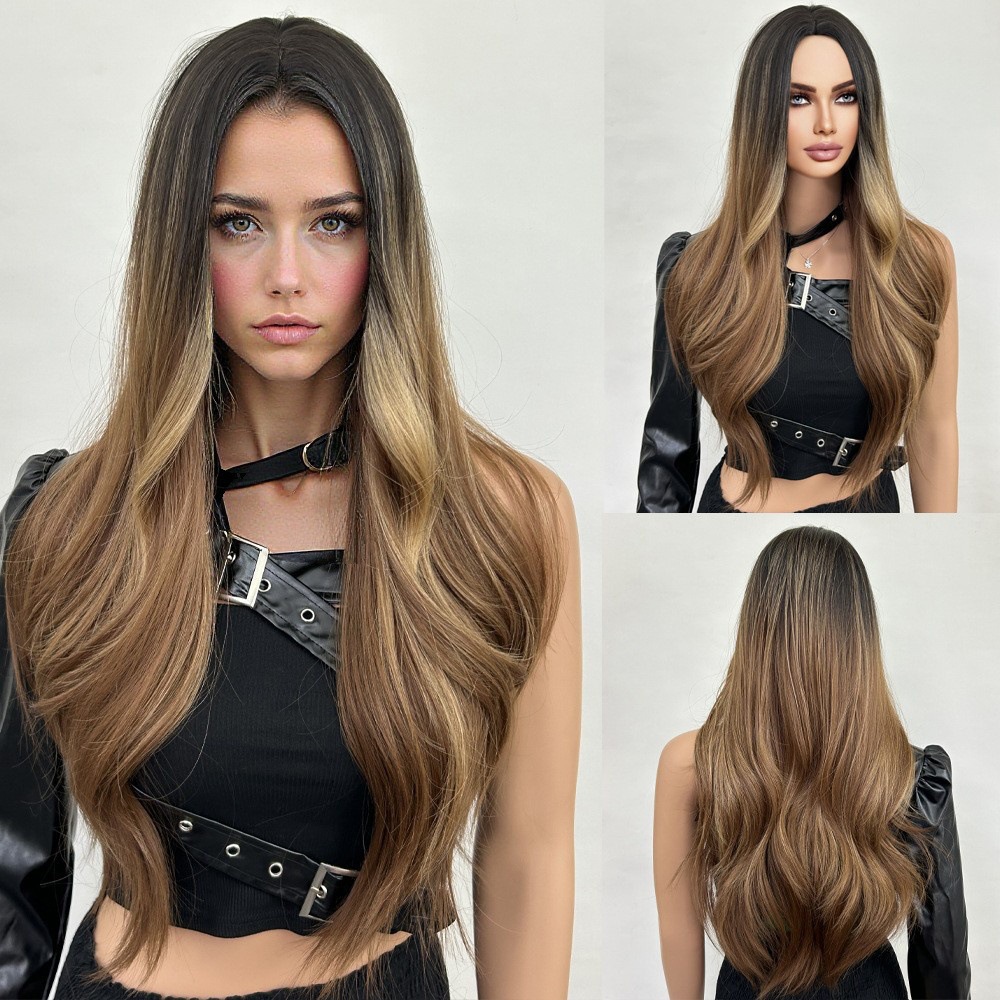 Gradual mid split, medium long hair, long waves
