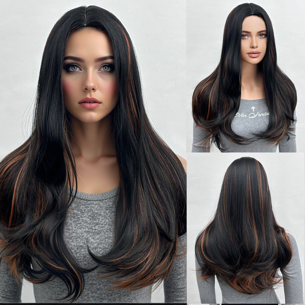 Gradual mid split, medium long hair, long waves