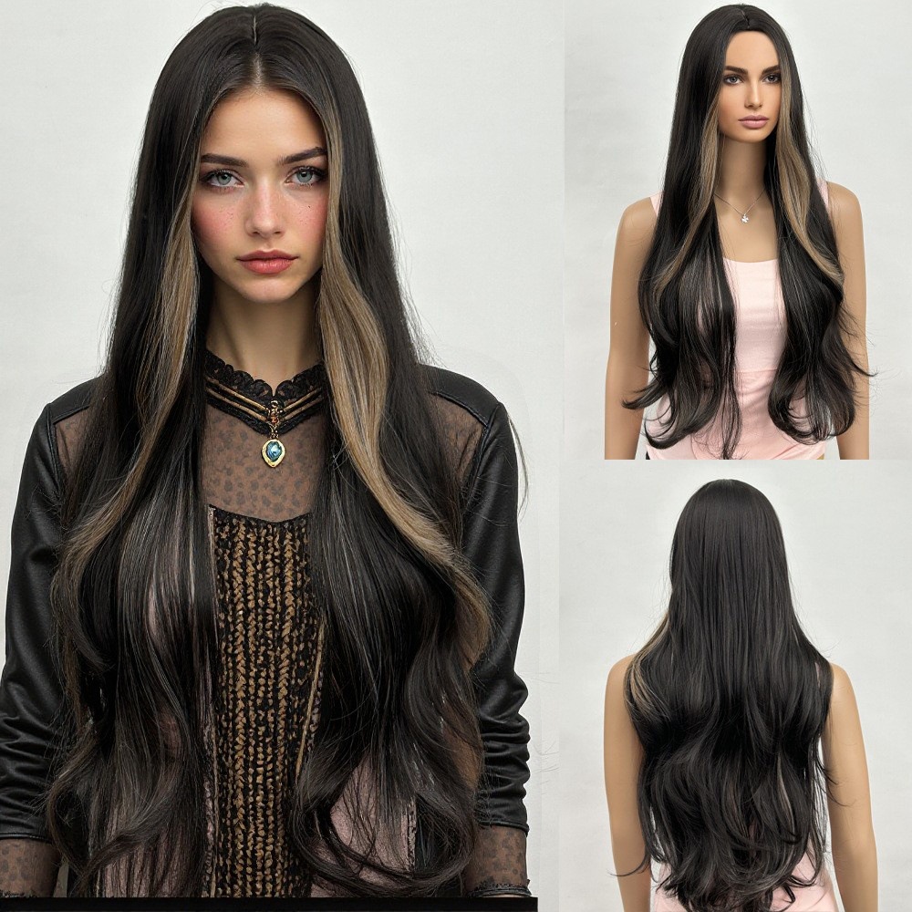 Gradual mid split, medium long hair, long waves