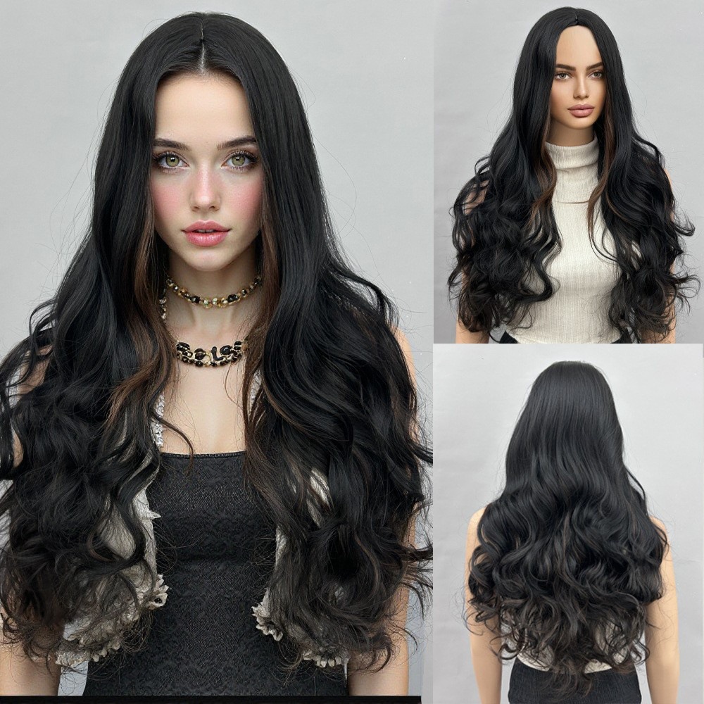 Gradual mid split, medium long hair, long waves