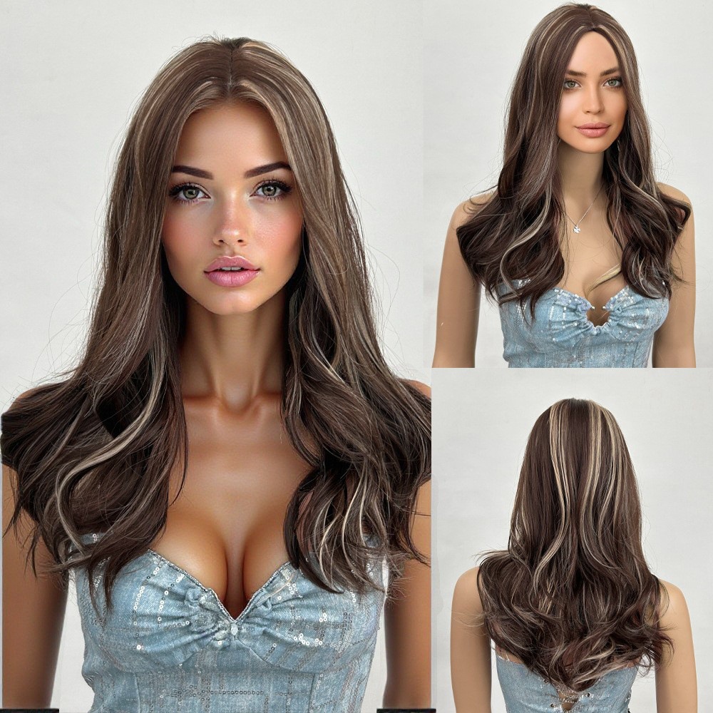 Gradual mid split, medium long hair, long waves