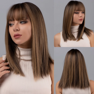 Medium length straight wig with bangs, elegant and natural wig 01