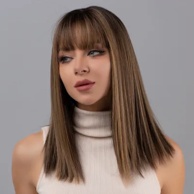 Medium length straight wig with bangs, elegant and natural wig 02