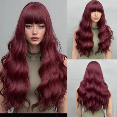Wig wine red long curly hair with big waves 01