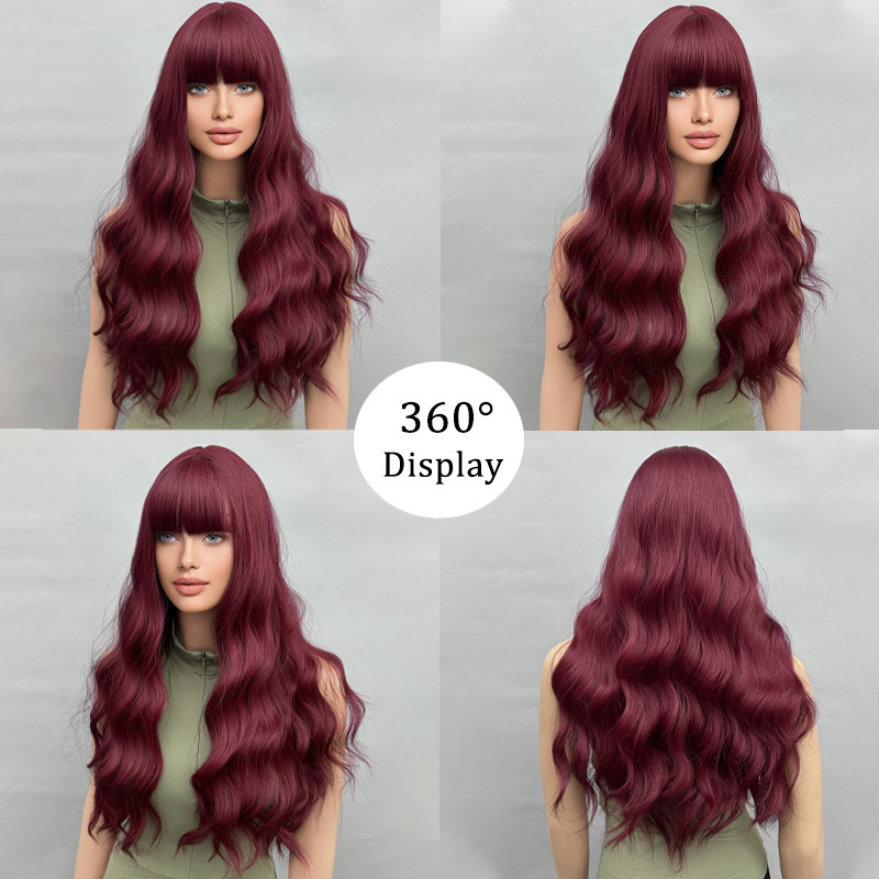 Wig wine red long curly hair with big waves