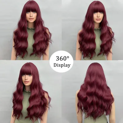 Wig wine red long curly hair with big waves 02