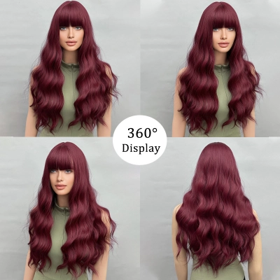 Wig wine red long curly hair with big waves 02