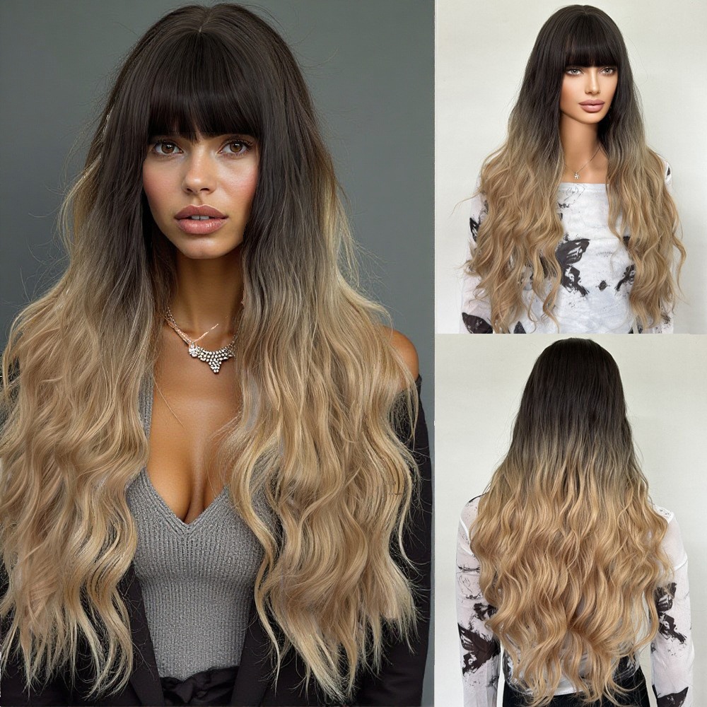 Wig wine red long curly hair with big waves