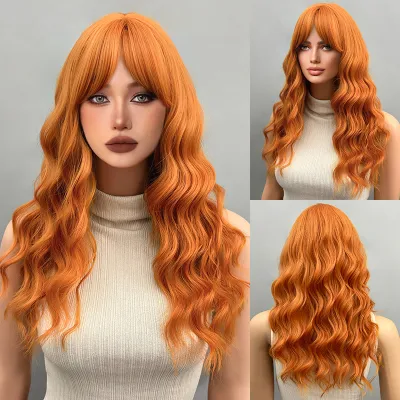 22 inch long curly hair wig with bangs and wavy hair 01