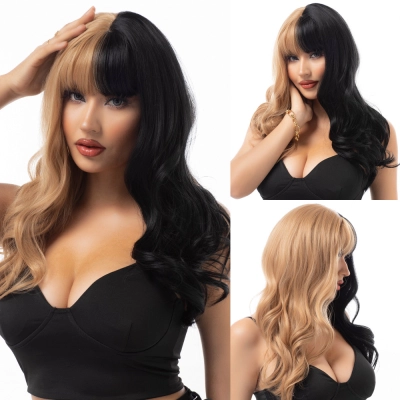 Bangs, long curly hair, two-color wig 01