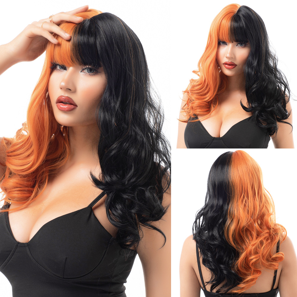 Bangs, long curly hair, two-color wig