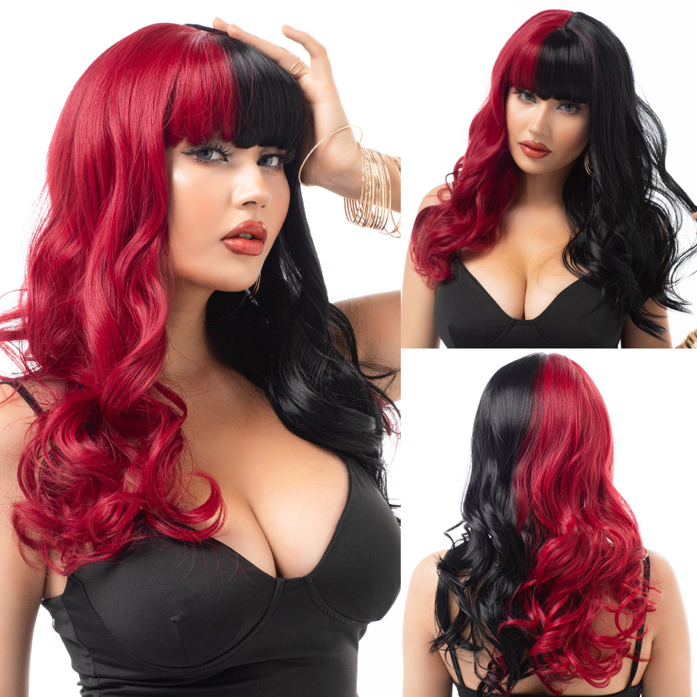 Bangs, long curly hair, two-color wig