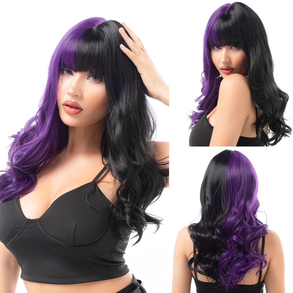 Bangs, long curly hair, two-color wig