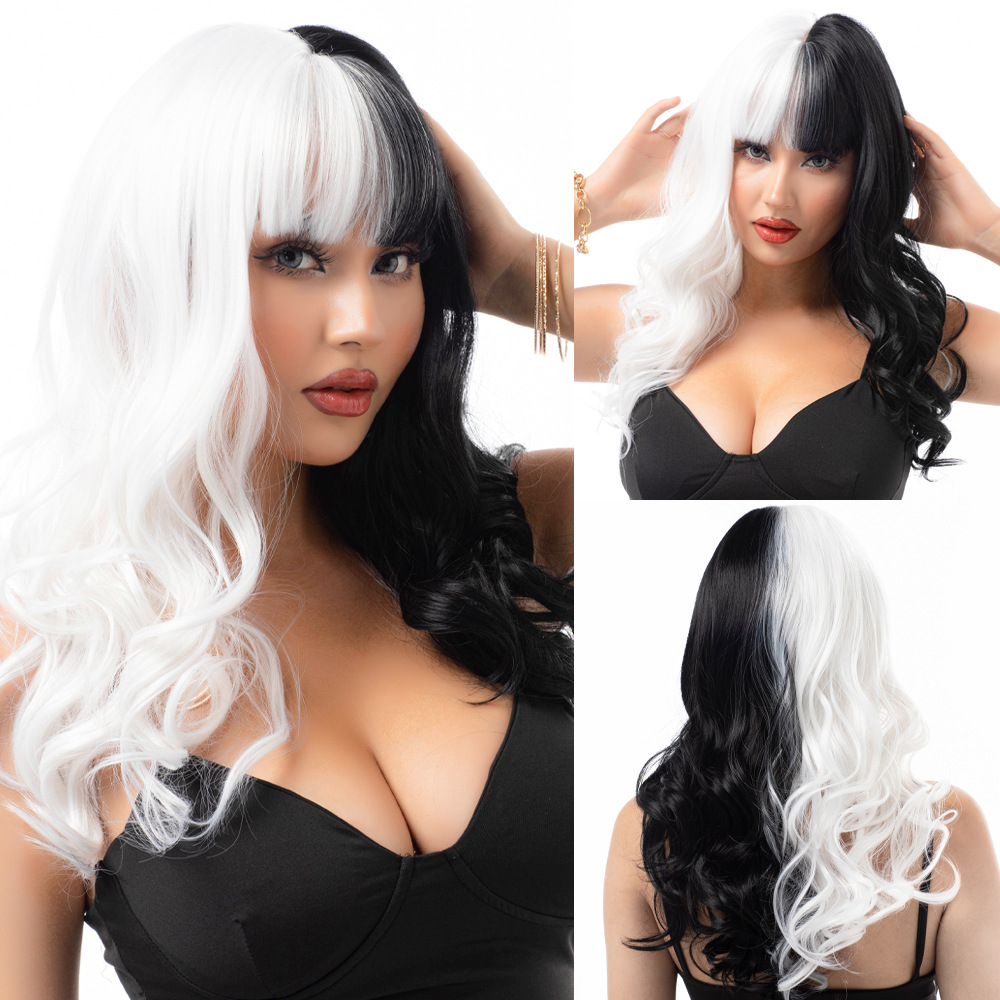 Bangs, long curly hair, two-color wig