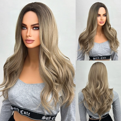 Big wave wig with bangs, black gradient brown, long curly hair 01