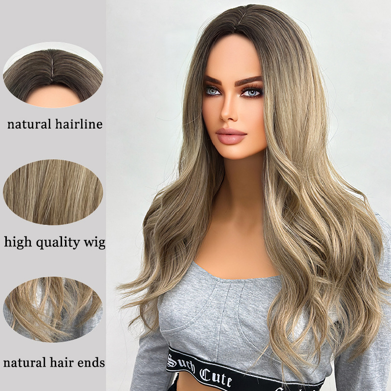 Big wave wig with bangs, black gradient brown, long curly hair