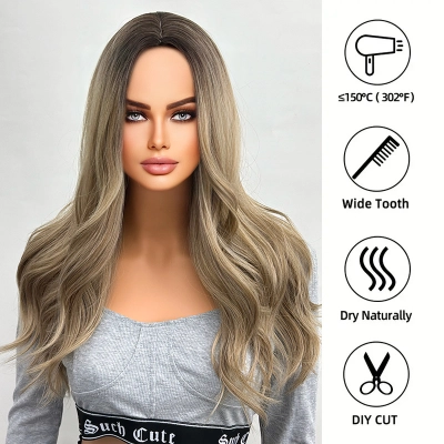 Big wave wig with bangs, black gradient brown, long curly hair 02