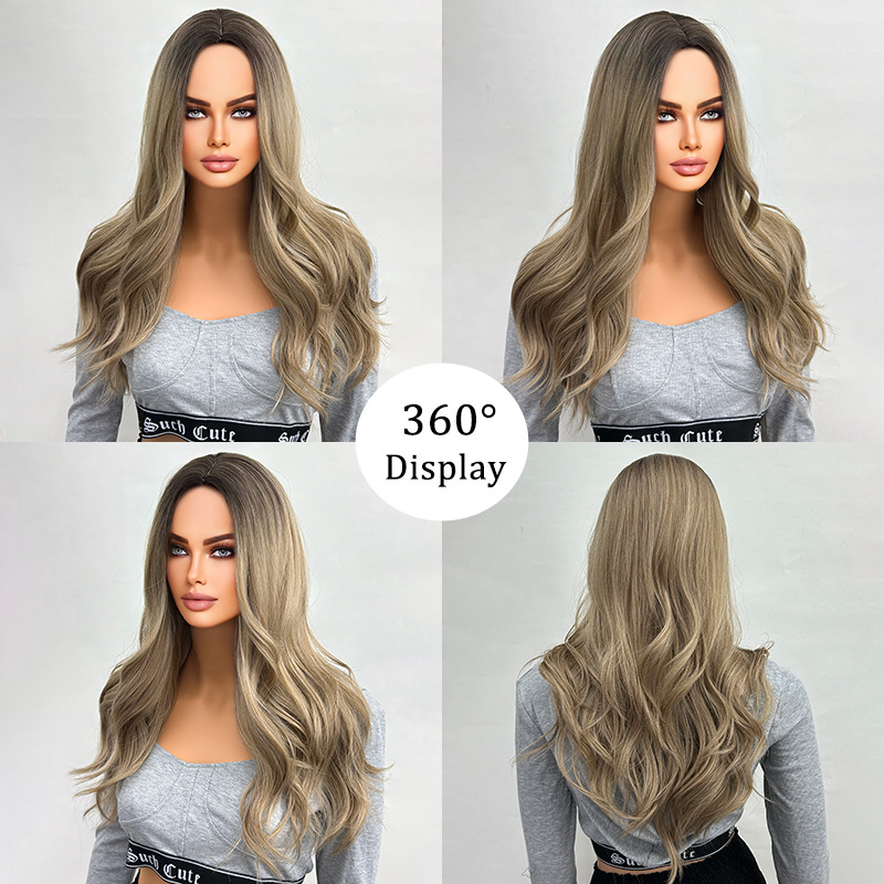 Big wave wig with bangs, black gradient brown, long curly hair