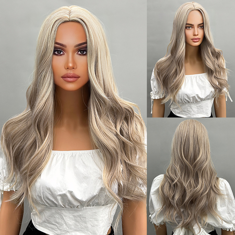 Big wave wig with bangs, black gradient brown, long curly hair