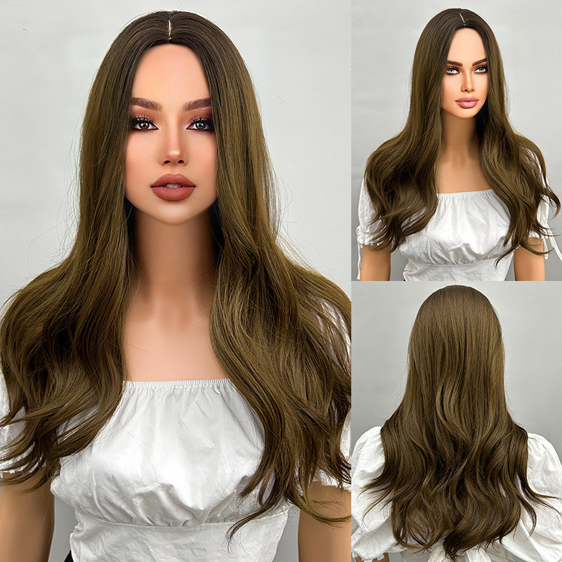 Big wave wig with bangs, black gradient brown, long curly hair