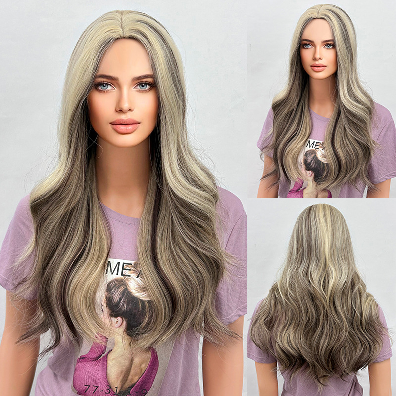 Big wave wig with bangs, black gradient brown, long curly hair