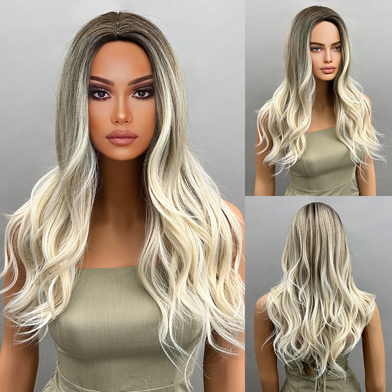 Big wave wig with bangs, black gradient brown, long curly hair